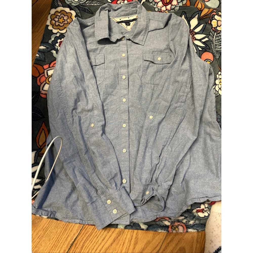 TOMMY HILFIGER Chambray Light Blue Roll Tab Sleeve Button Front Shirt Blouse XXL